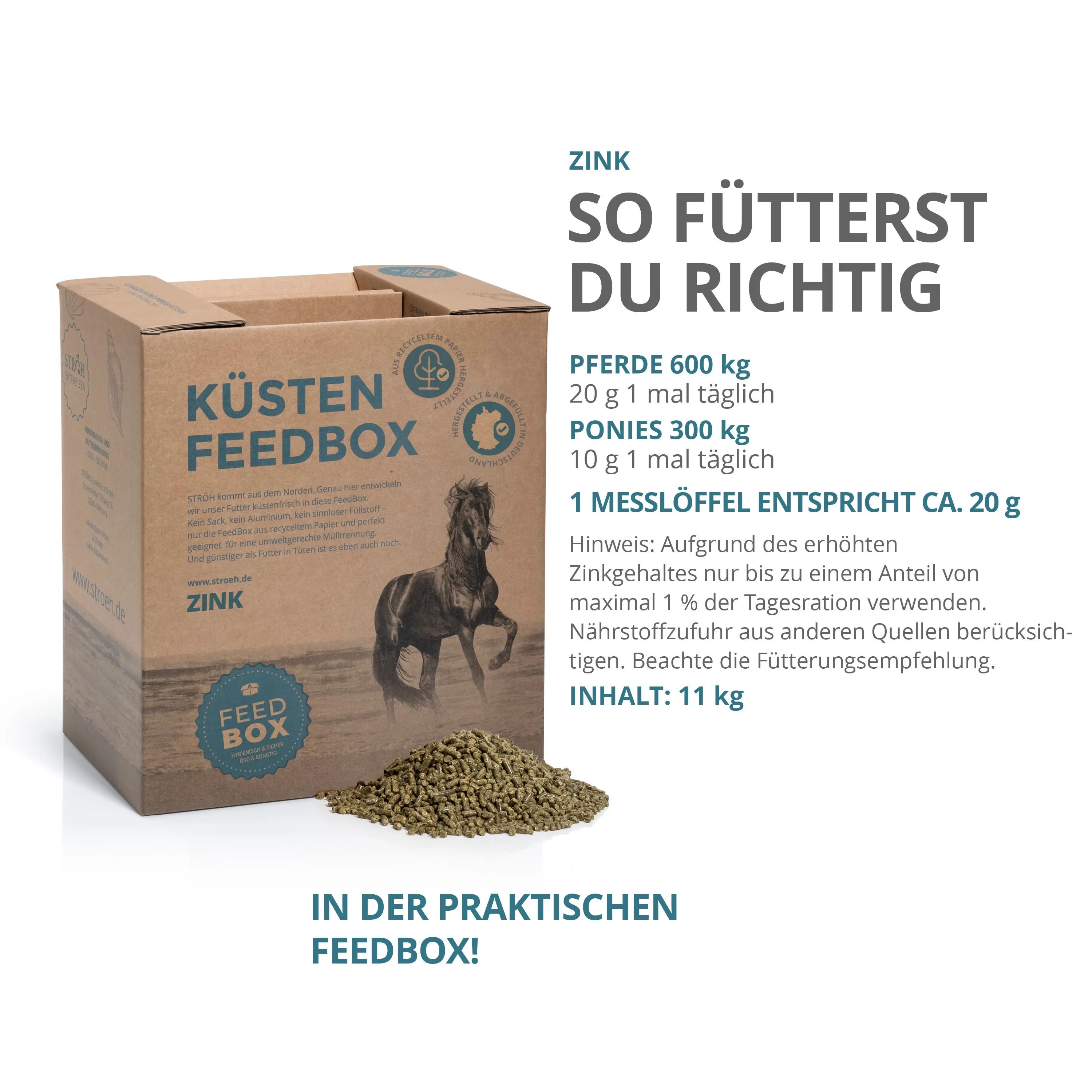 "KÜSTEN FEEDBOX" mit Futterpellets. Text: "SO FÜTTERST DU RICHTIG" und Fütterungsempfehlung. Inhalt: 11 kg.