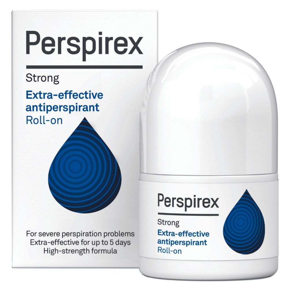Weißer Roll-on und Verpackung. Beschriftung: Perspirex Strong Antitranspirant Roll-on. Blaue Tropfen-Grafik. Text: For severe perspiration problems.