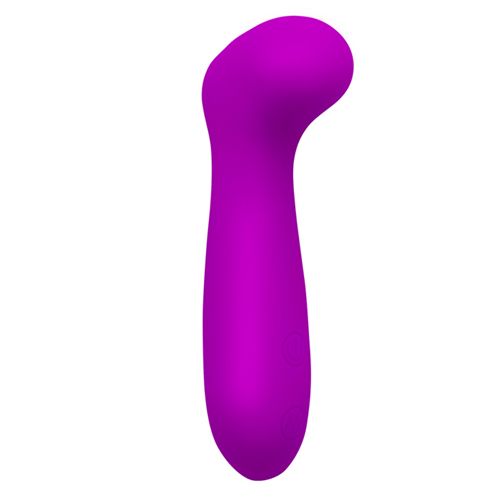 Lila Vibrator mit geschwungener Form. Der Kopf ist abgerundet. Am Griff befinden sich zwei Knöpfe.