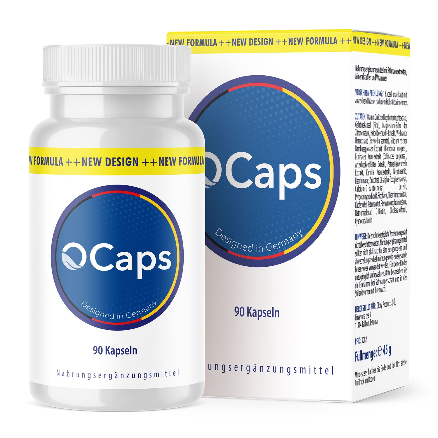 O Caps-Kapseln in einer weißen Flasche und Schachtel. Aufschrift: 90 Kapseln, Nahrungsergänzungsmittel. Design: blau, gelb, weiß.