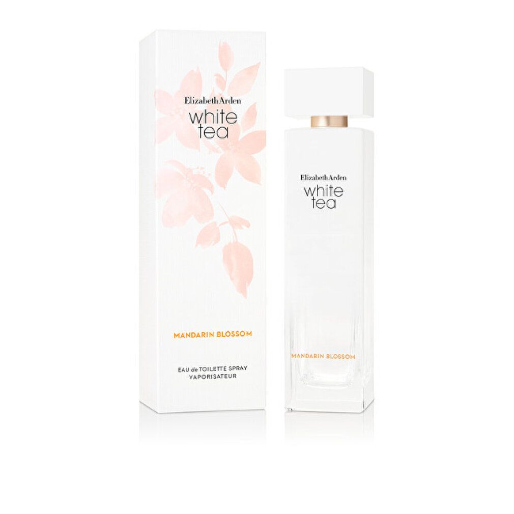 Flakon und Verpackung von Elizabeth Arden White Tea Mandarin Blossom. Weißes Design mit Blütenmuster und Produktnamen.