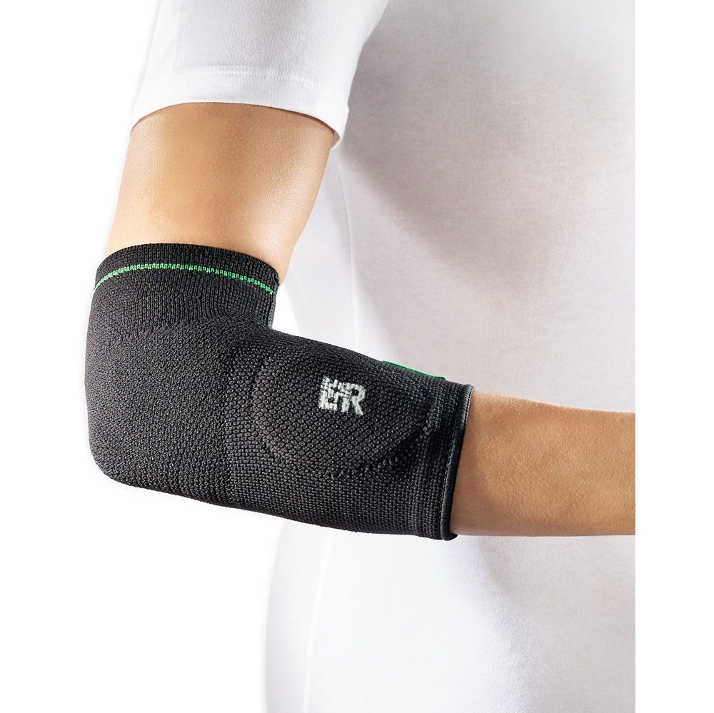 Schwarze Ellbogenbandage mit grünen Akzenten und weißem Logo.