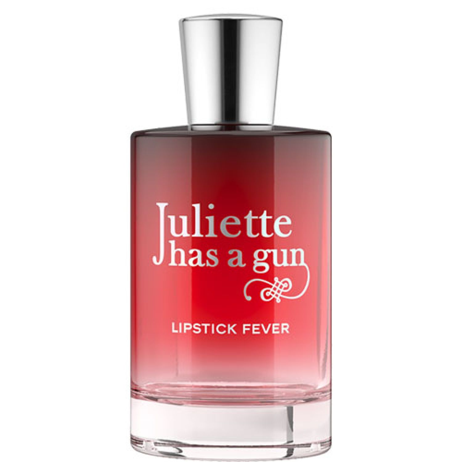 Parfümflasche. Farbverlauf von Rot nach Transparent. Aufschrift: Juliette has a gun, Lipstick Fever.