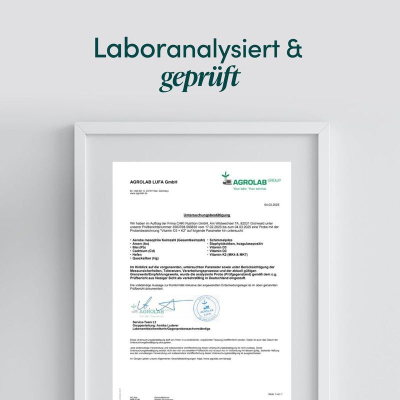 Laboranalysiert & geprüft: Ein Zertifikat von Agrolab bestätigt die Qualität von CARI Nutrition Produkten.