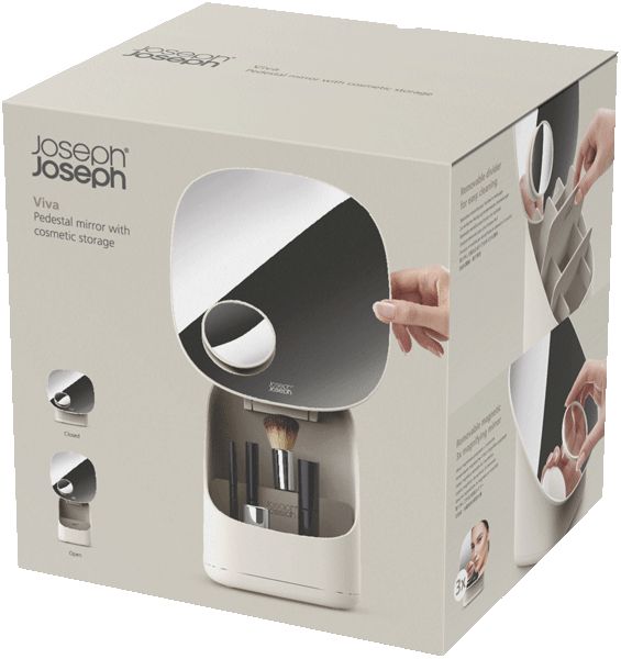 Joseph Joseph Viva Schminkspiegel mit Kosmetikaufbewahrung in Einzelhandelsverpackung. Zeigt Spiegel und Organizer.