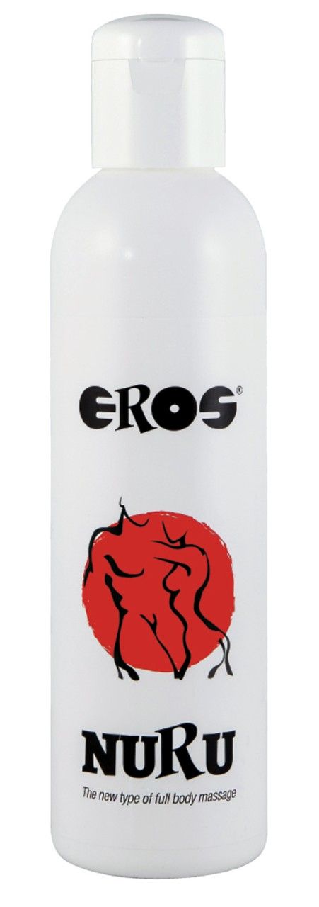 Weiße Flasche mit schwarzem "EROS"-Logo und rotem Kreis mit Figuren. Darunter "NURU" und Text.