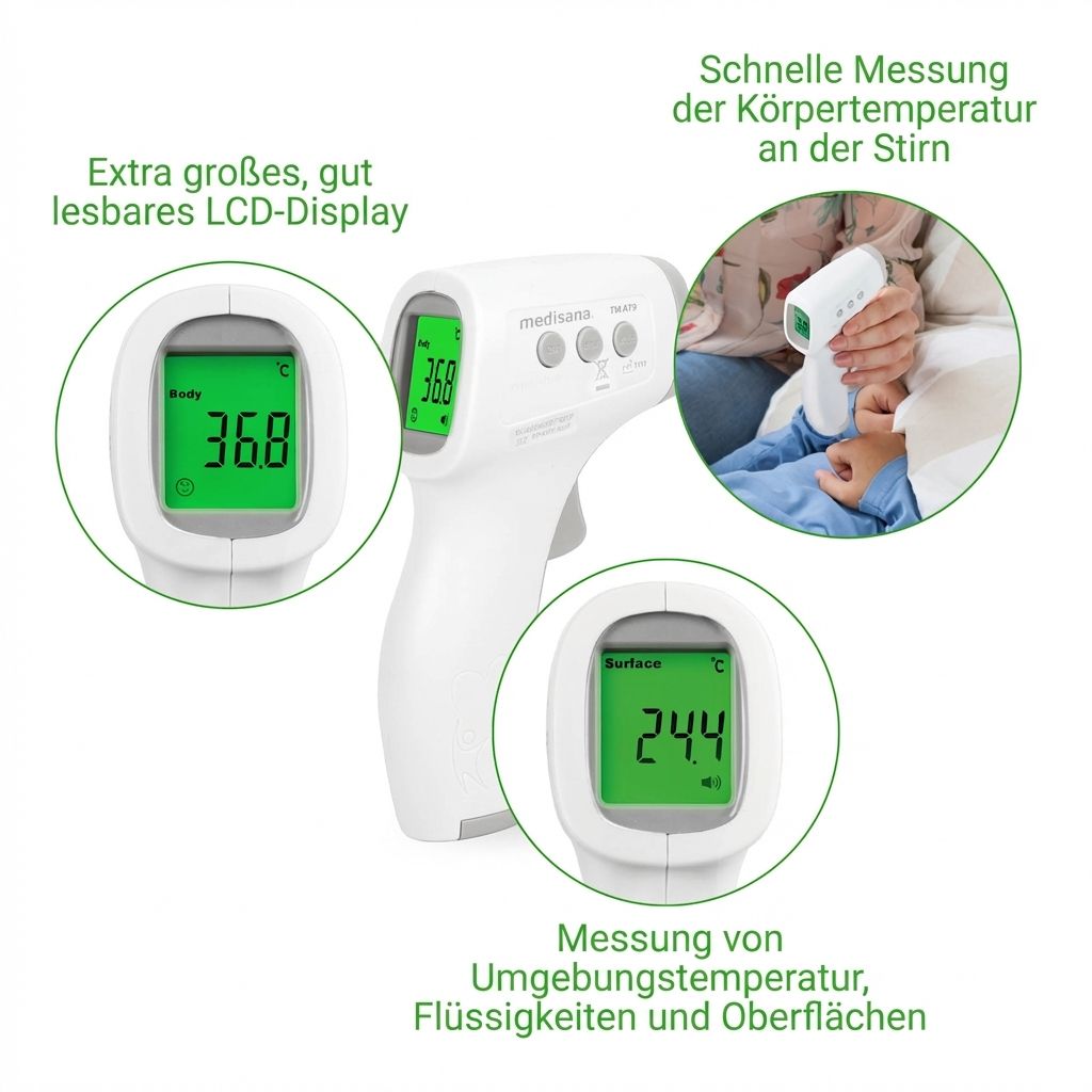 Kontaktloses Fieberthermometer mit Nahaufnahmen des Displays und einer Anwendungsszene.