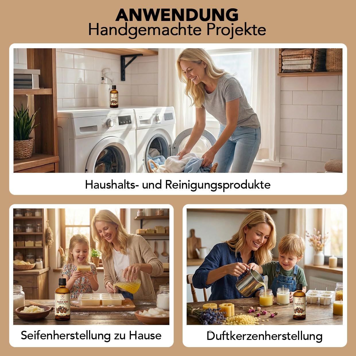 Frau lädt Wäsche in Waschmaschine, Frau macht Seife, Frau macht Duftkerzen.