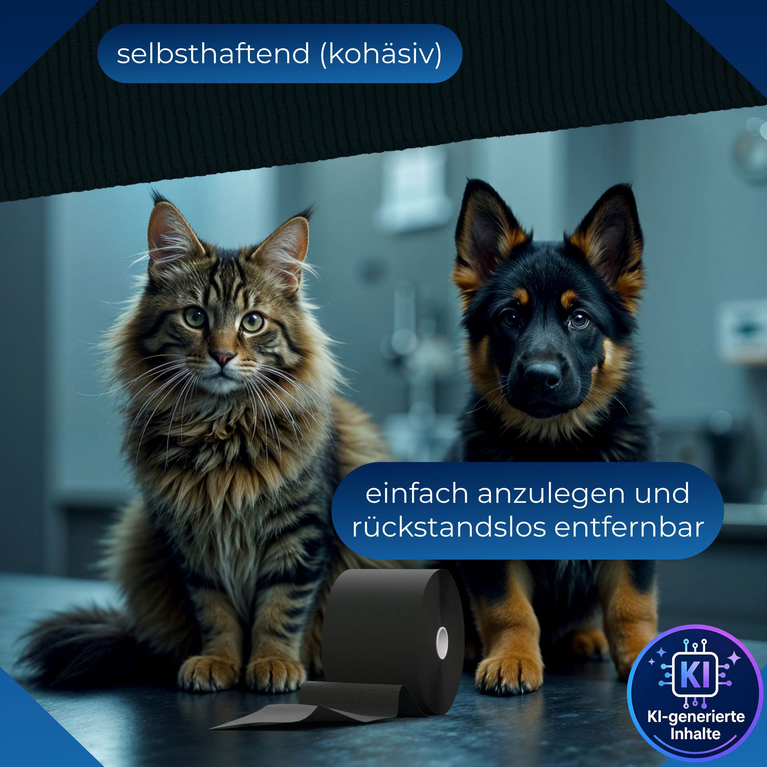 Schwarze, selbsthaftende Fixierbinde mit Katze und Hund. Einfach anzulegen.