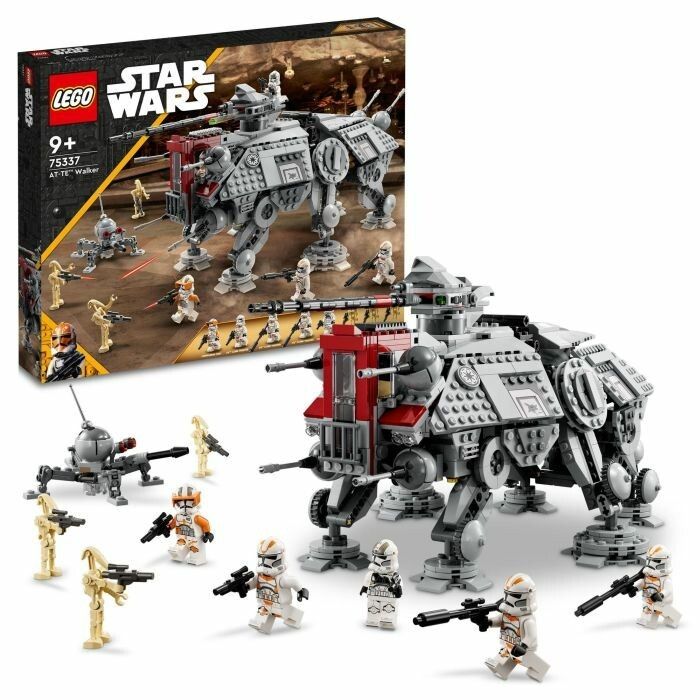 Set LEGO Star Wars 75337 AT-TE Walker. Il Walker grigio con elementi rossi è mostrato accanto alla scatola. Soldati clone e droidi da battaglia sono anch'essi presenti. La confezione mostra il logo LEGO Star Wars e l'età consigliata 9+.