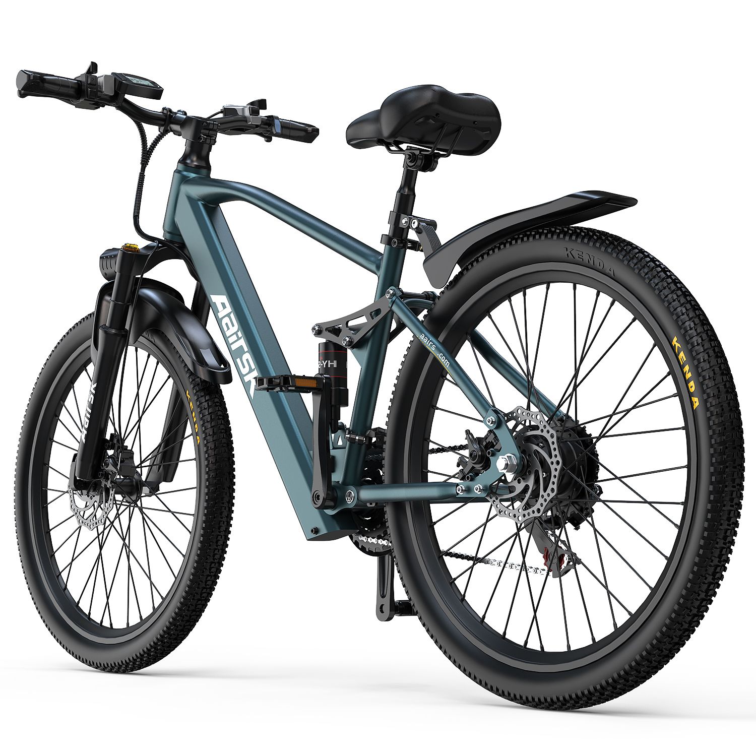 E-Bike, blaugrün, mit Doppelaufhängung. Aairsk-Logo. Schwarze Reifen, Kenda-Aufschrift. Scheibenbremsen.