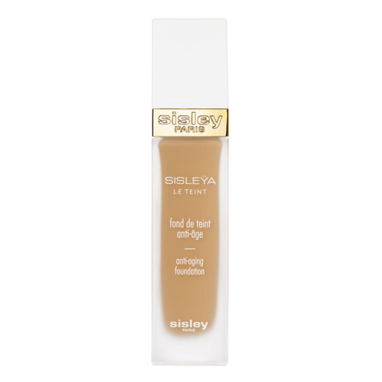 Sisley Sisleya Le Teint Foundation. Rechteckige Flasche mit weißem Deckel und goldenen Akzenten. Produkttext sichtbar.