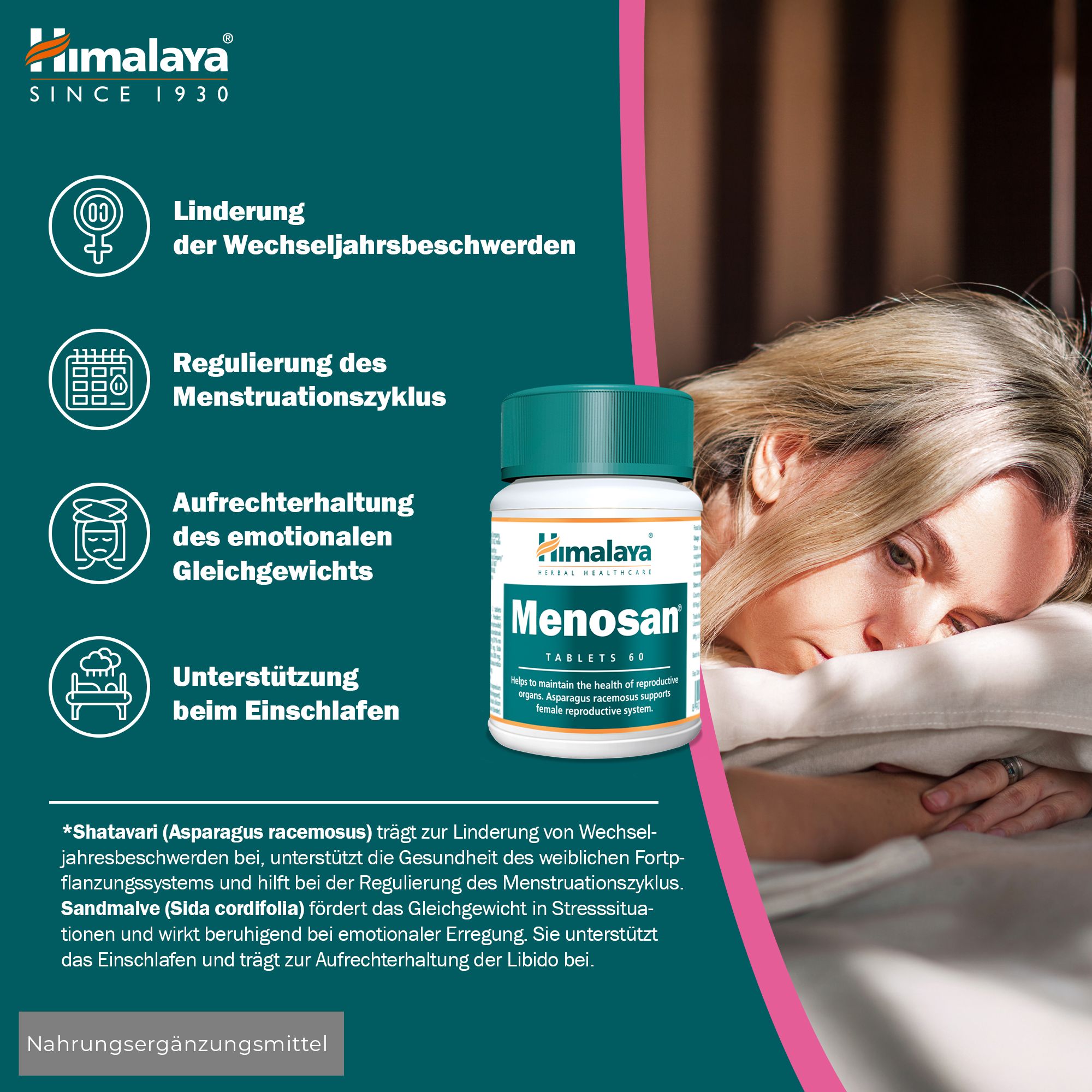 Frau liegt im Bett, ein Himalaya Menosan Tablettenbehälter ist daneben platziert.