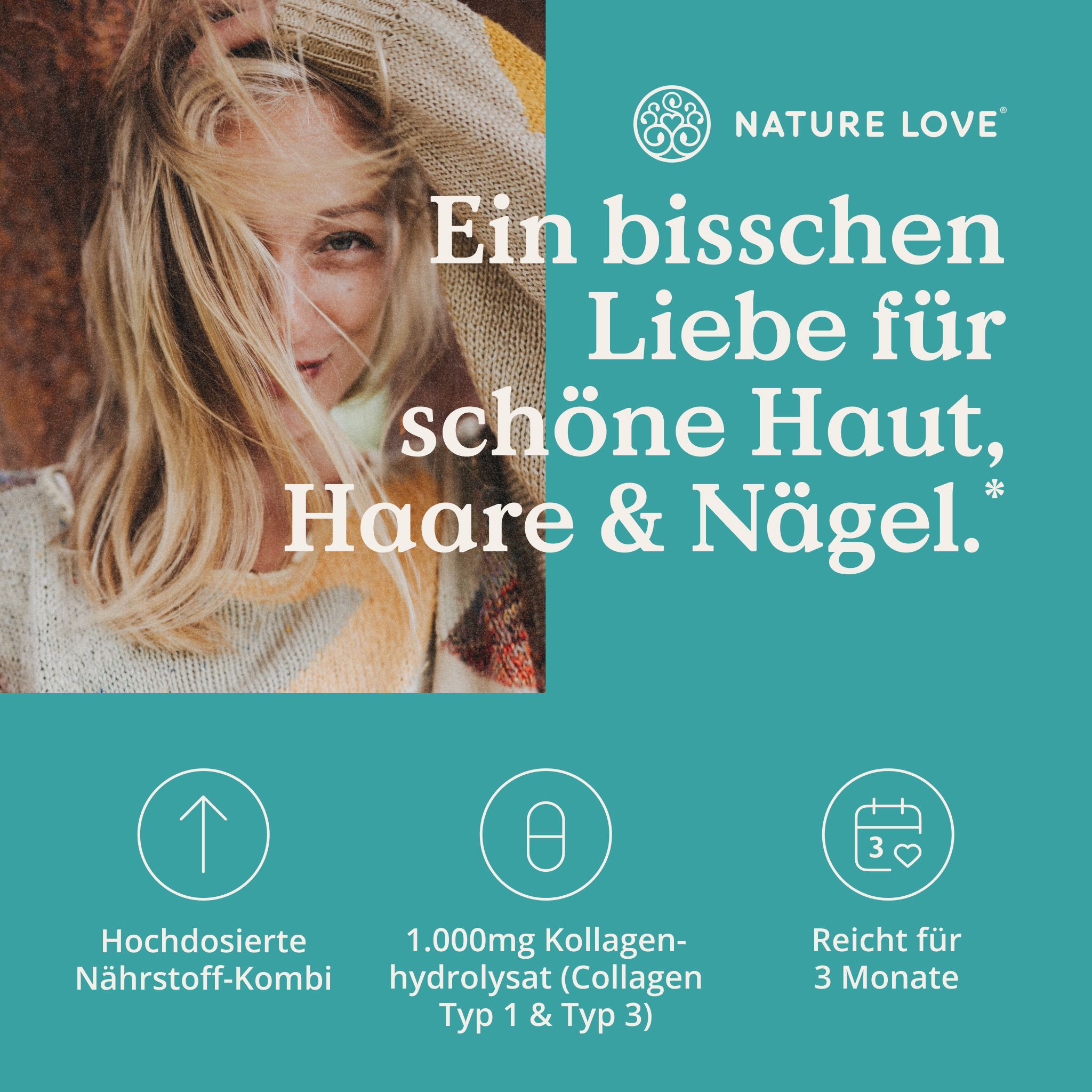 NATURE LOVE® Kollagen Komplex – 180 Kapseln mit Hyaluron, Biotin, Zink, Selen, Vitamin C & Silicium