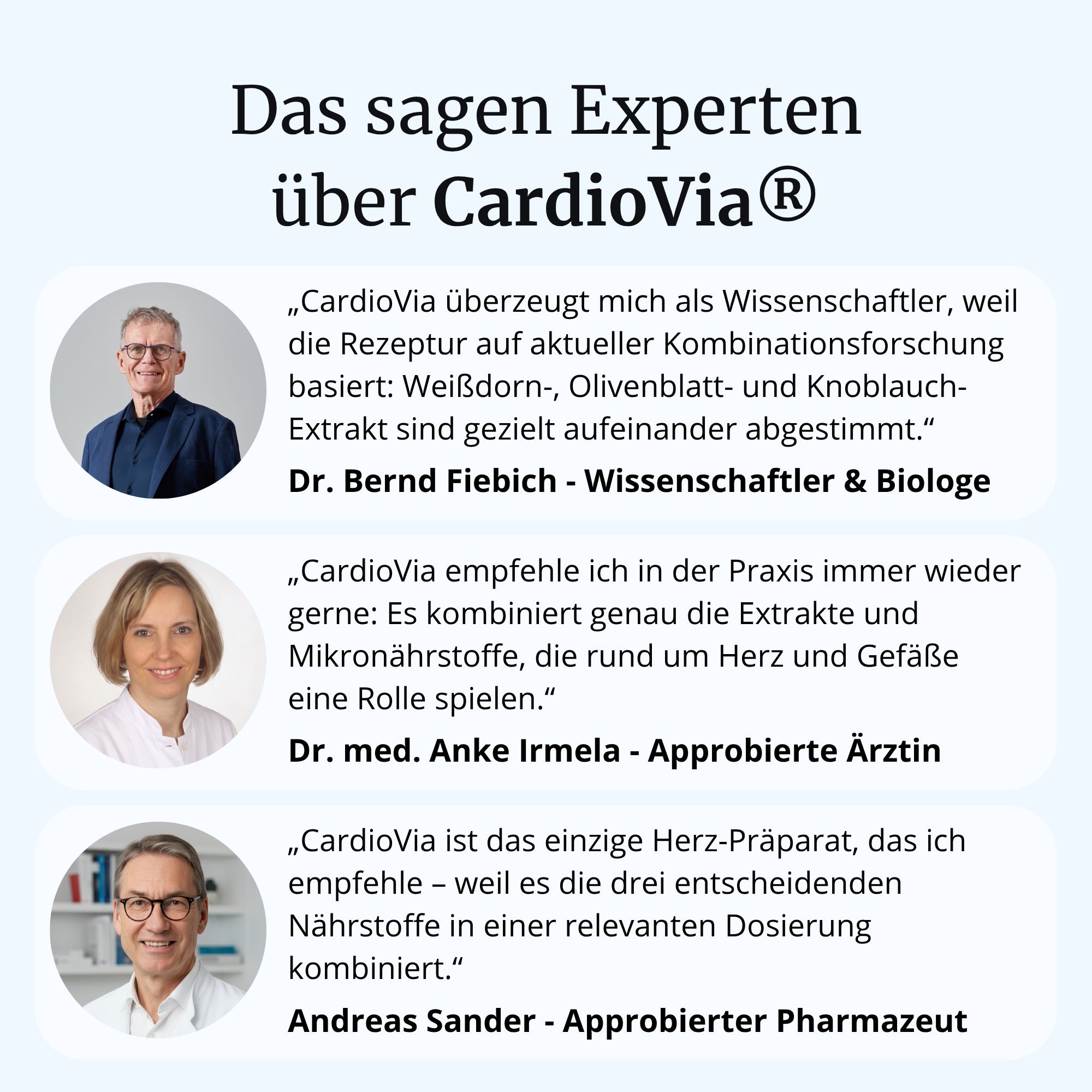 Expertenmeinungen zu CardioVia: Zitate von Dr. Bernd Fiebich, Dr. med. Anke Irmela und Andreas Sander.