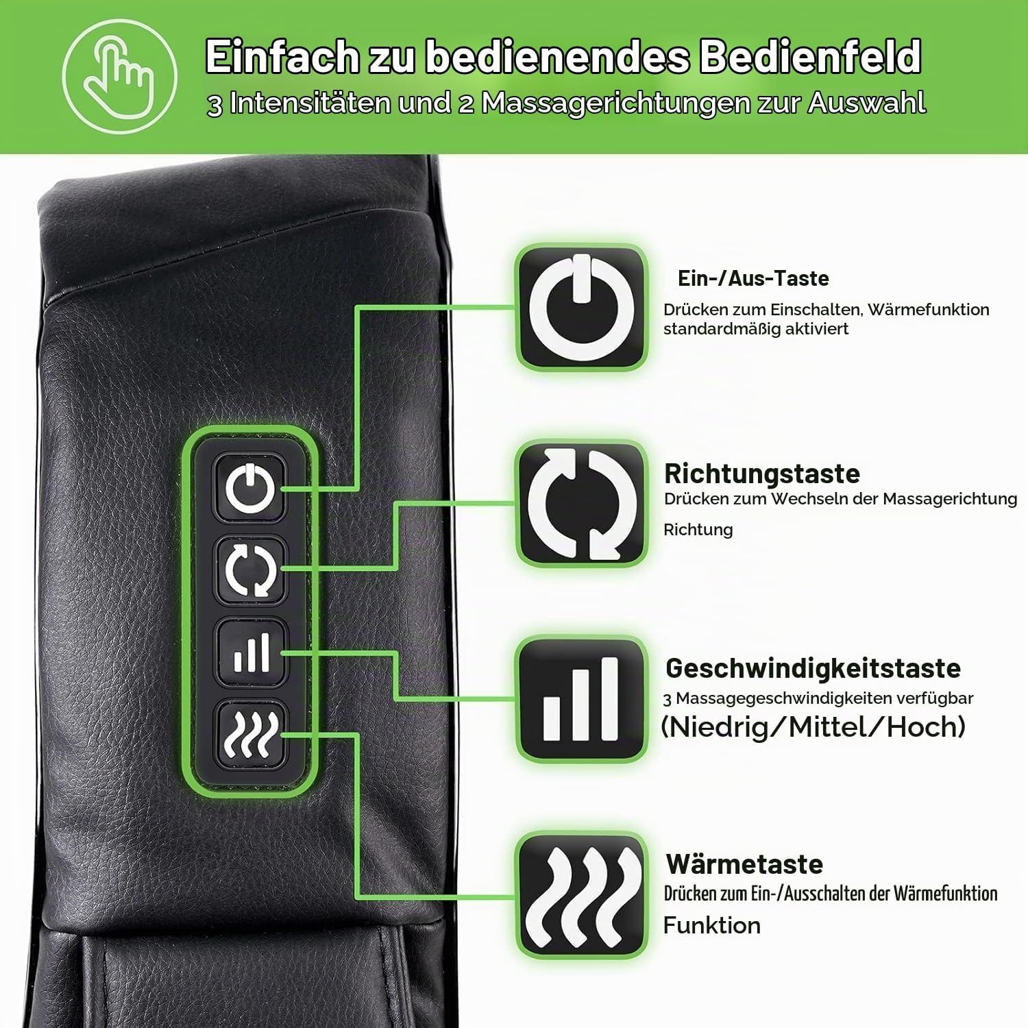 Bedienfeld einer Massagepistole mit Tasten für Ein/Aus, Richtung, Geschwindigkeit und Wärme.
