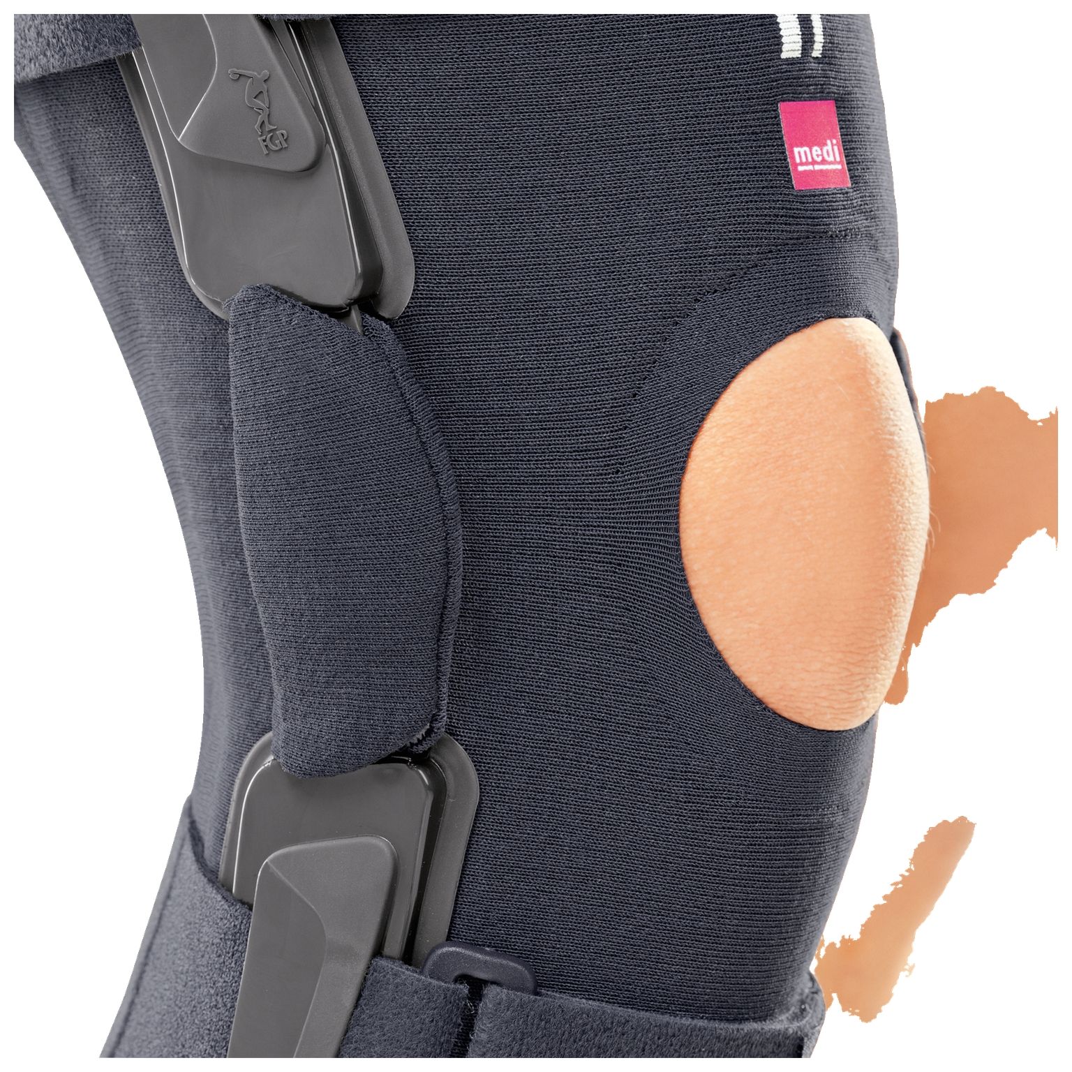 Detailansicht der Knieorthese medi Stabimed® pro. Graues Material, Knieöffnung, Polsterung, Gelenke.