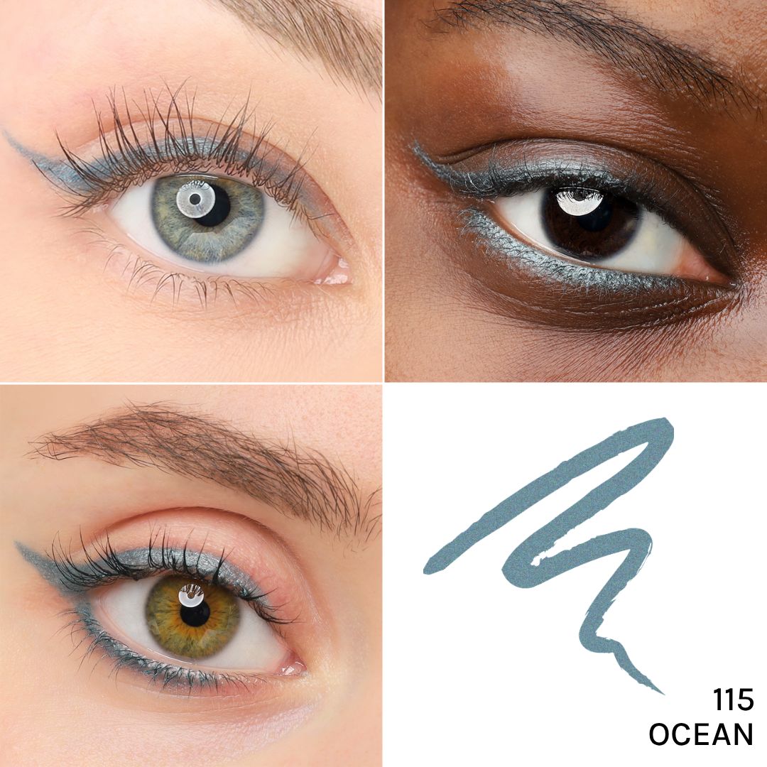 Vier Augen mit blauem Kajal-Eyeliner. Verschiedene Haut- und Augenfarben. Farbmuster mit der Nummer 115.
