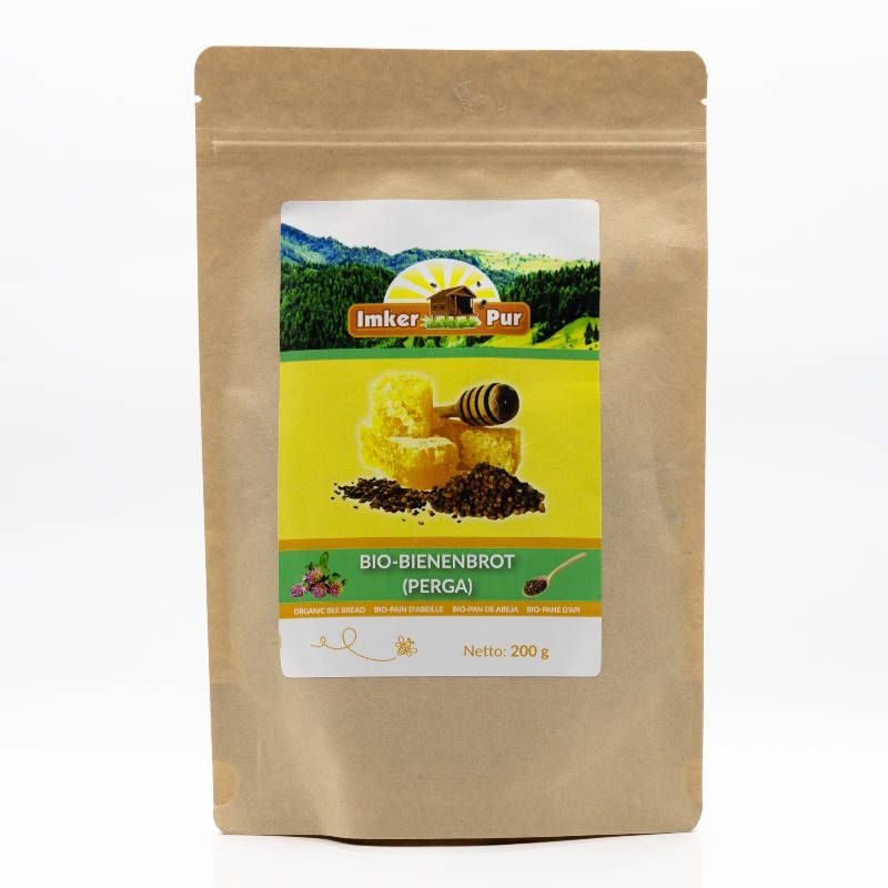 Beutel mit Aufkleber. Aufschrift: ImkerPur, Bio-Bienenbrot (Perga). Braune Verpackung, weißer Aufkleber mit Produktabbildung.