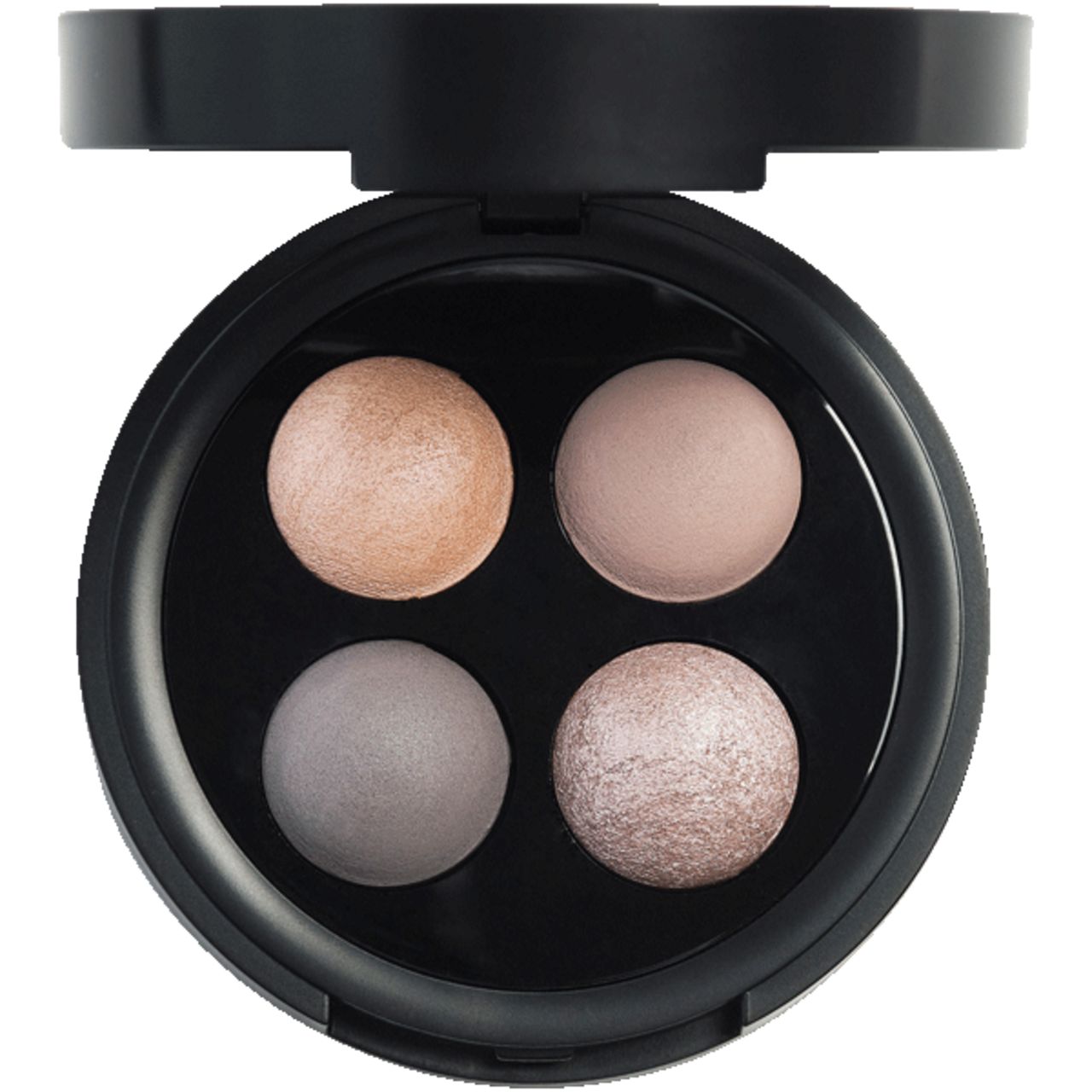 Runde, schwarze Lidschatten-Palette mit vier runden, gebackenen Mineral-Lidschatten in verschiedenen Farbtönen.