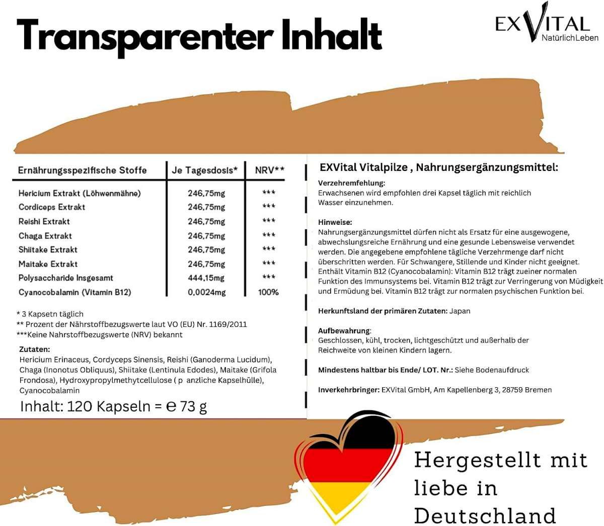 Beipackzettel mit Inhaltsstoffen und Anwendungshinweisen. Text: EXVital Vitalpilze Komplex. 120 Kapseln. Hergestellt in Deutschland.