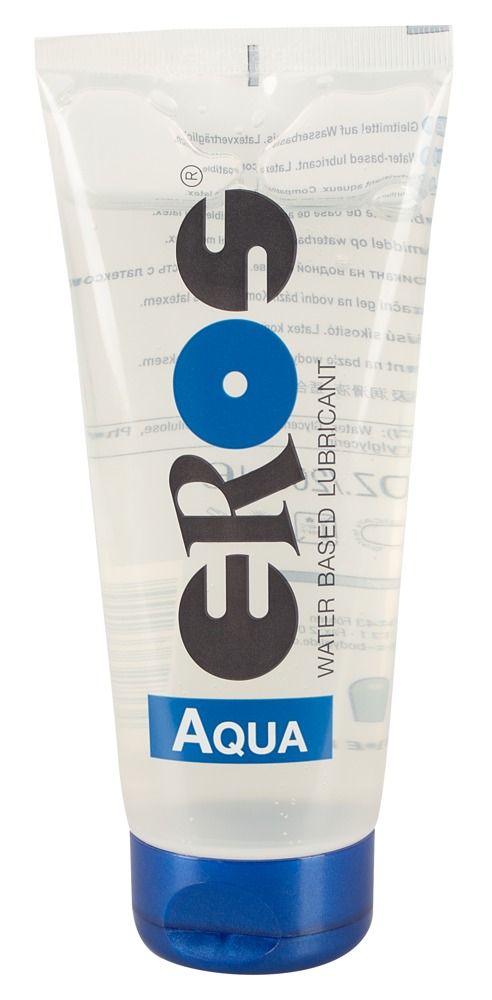 EROS Aqua Gleitmittel in transparenter Tube mit blauem Verschluss.
