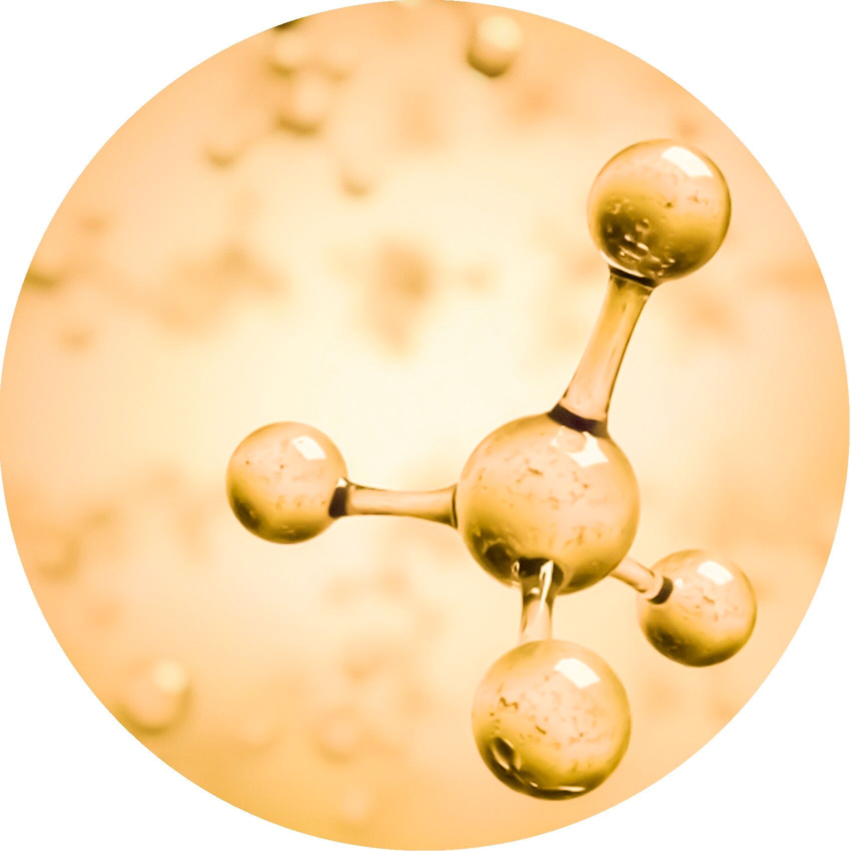 Molekülmodell, gelbliche Kugeln verbunden. Hintergrund gelb. In einem Kreis.