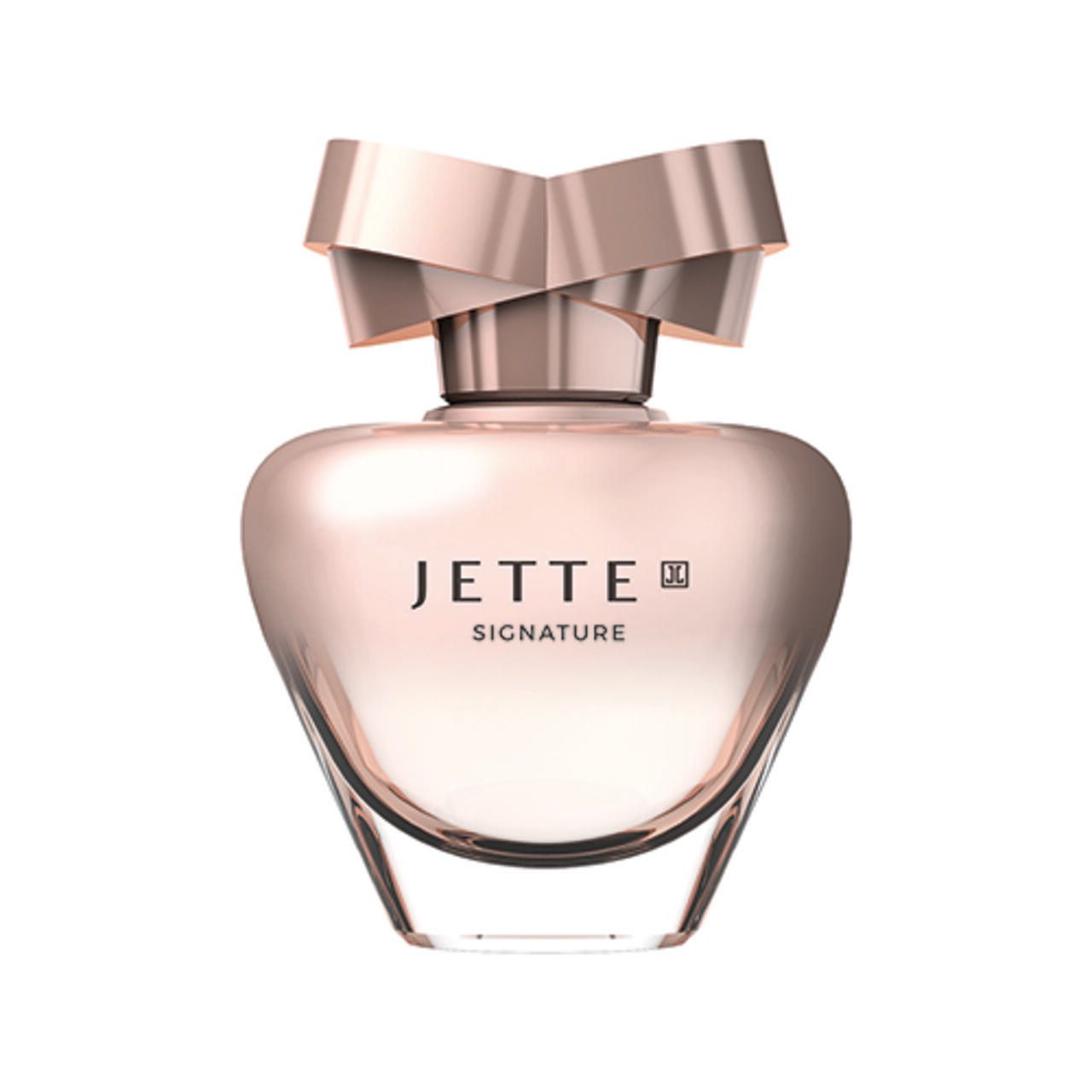Parfümflakon mit roségoldfarbenem Verschluss. Aufschrift: Jette Signature.