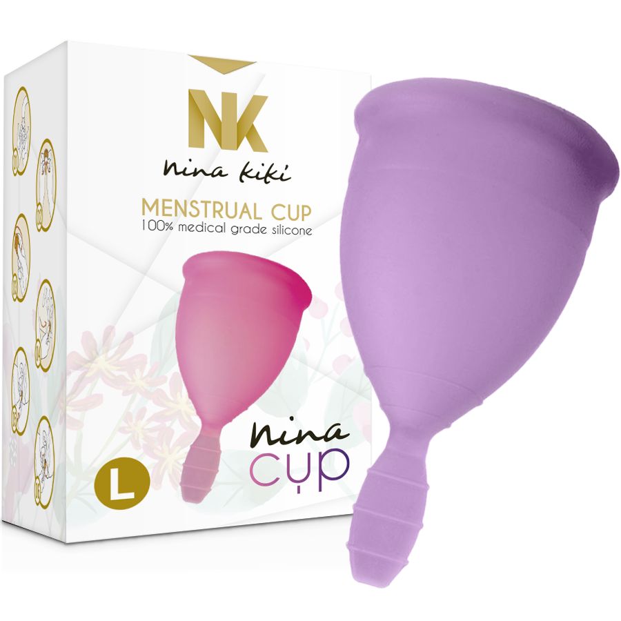 Zwei Menstruationstassen. Eine lila, eine rosa. Verpackung mit Logo und Schriftzug: Nina Kikí, Menstruationstasse, L.