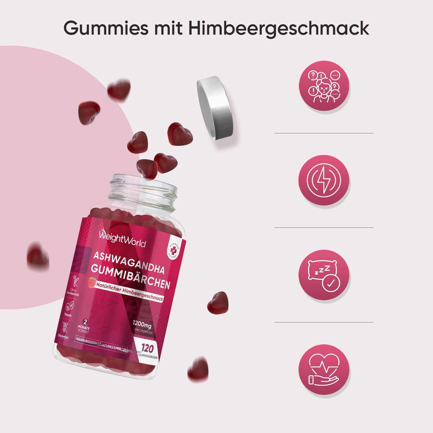 Produktflasche mit Ashwagandha Gummibärchen, daneben verstreute herzförmige Gummibärchen. Offener Deckel.