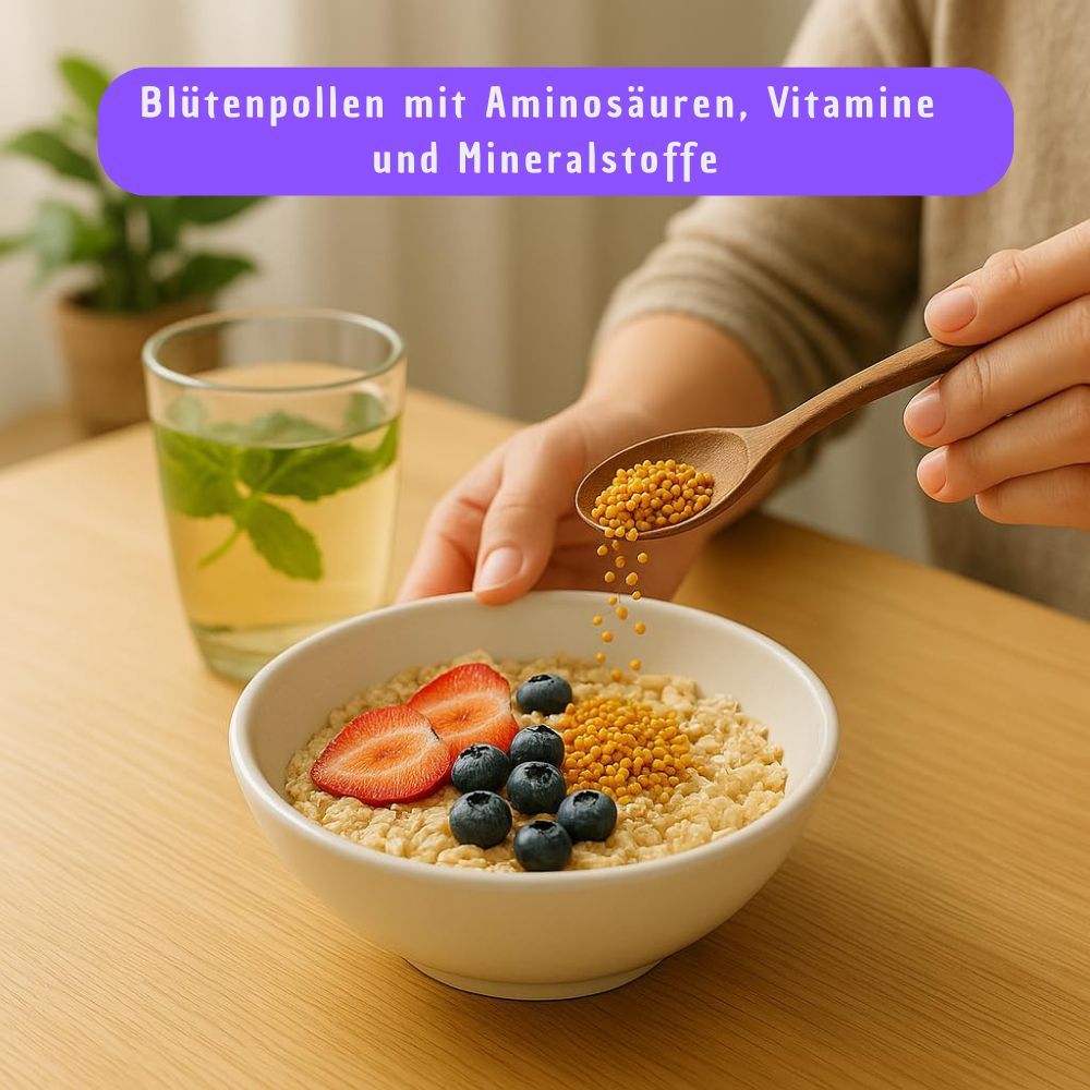 Person gibt Blütenpollen auf Haferflocken mit Beeren. Text: Blütenpollen mit Aminosäuren, Vitamine und Mineralstoffe.