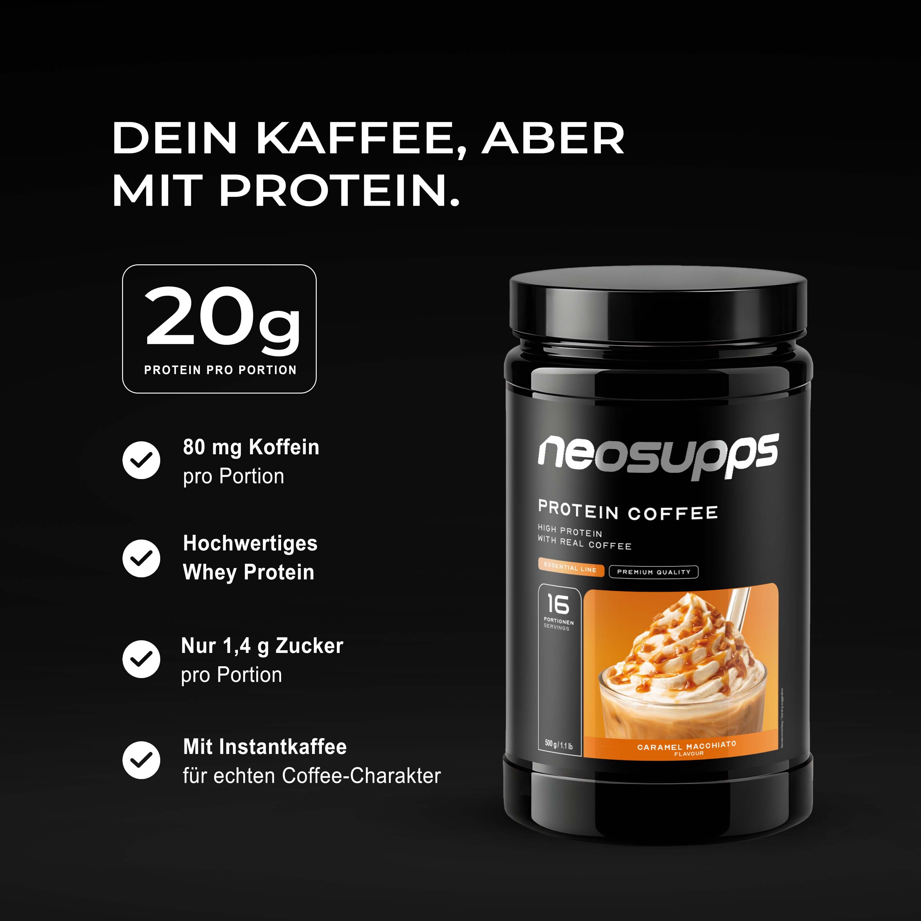 Neosupps Protein Coffee Dose mit Nährwertangaben: 20g Protein, 80mg Koffein, Whey Protein, wenig Zucker.