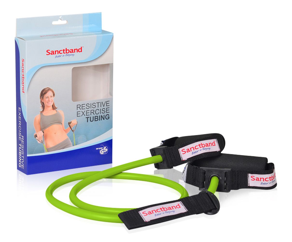 Sanctband-Übungsband in Grün mit Griffen und Verpackung. Verpackung mit Abbildung einer Frau, die das Band benutzt.
