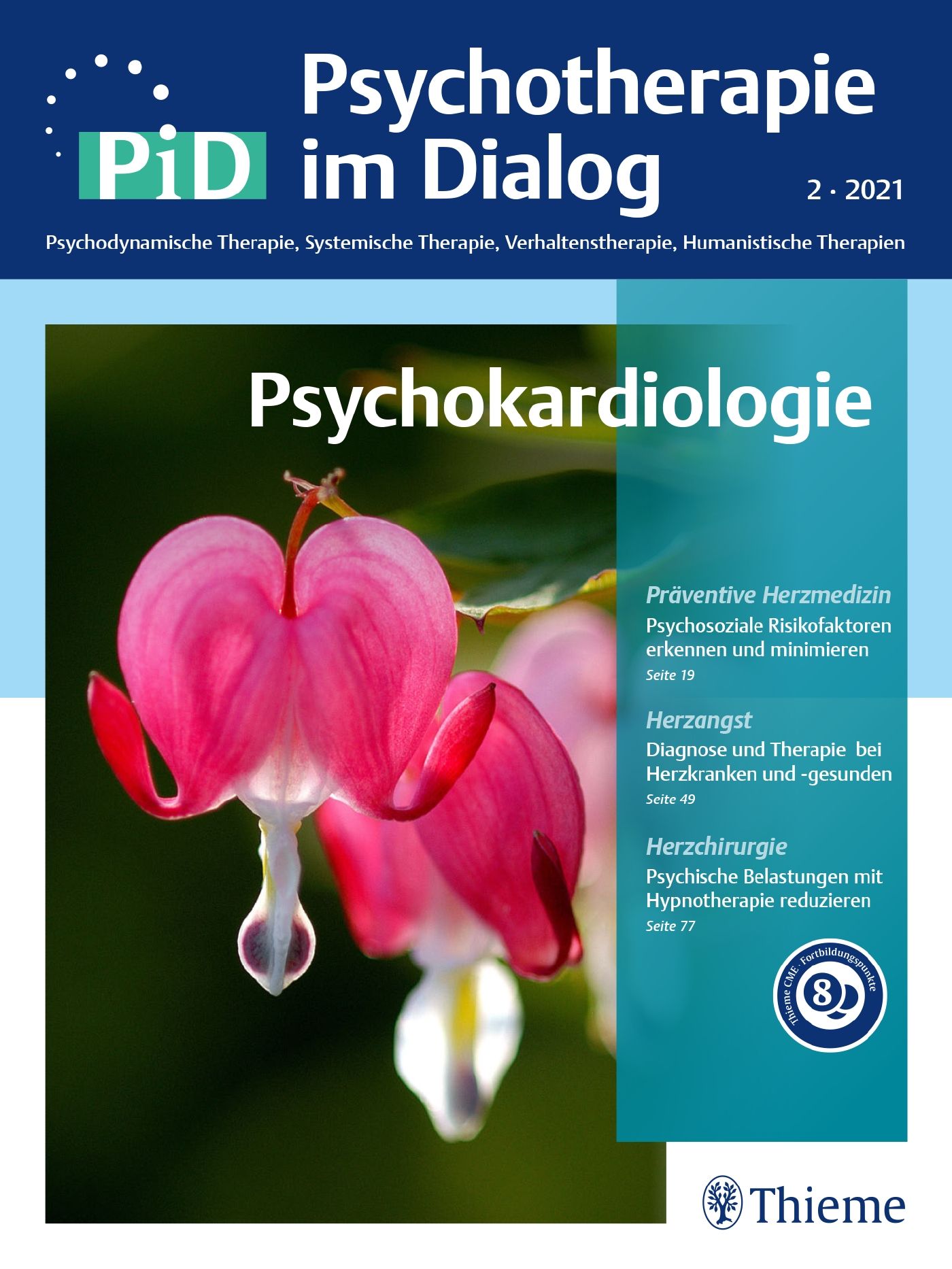 Zeitschrift "Psychotherapie im Dialog". Titel: Psychokardiologie. Auf dem Cover eine pinke Blüte. Weitere Texte: Präventive Herzmedizin, Herzangst, Herzchirurgie.