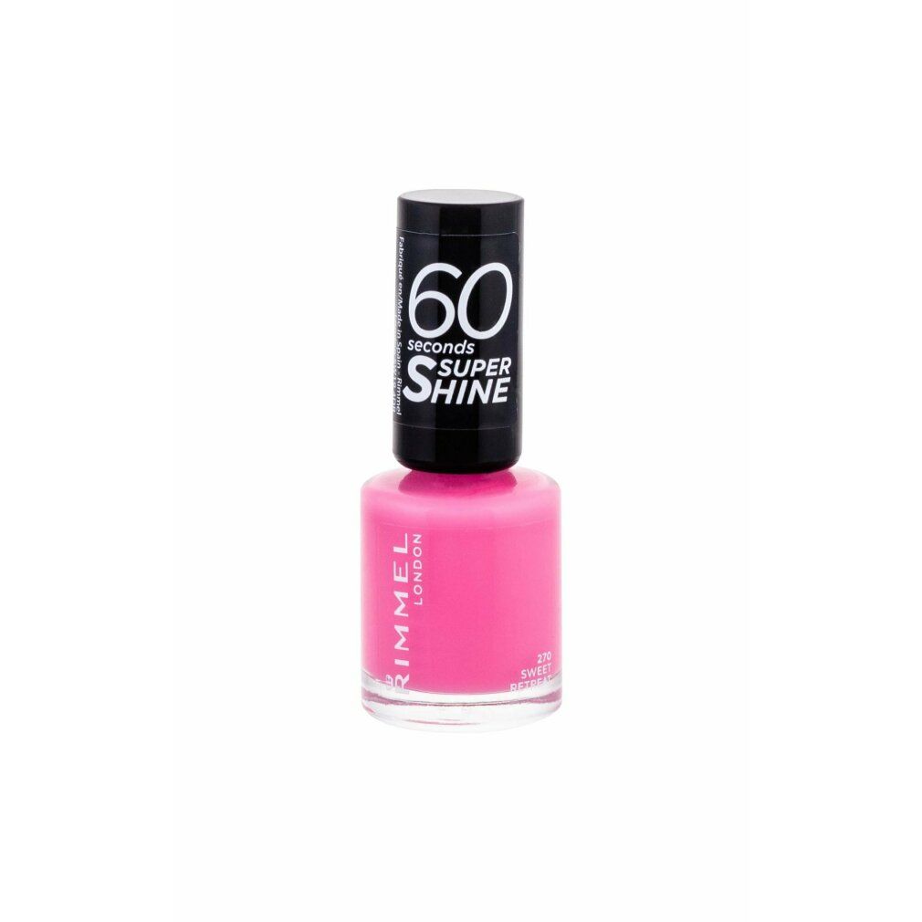 Rosa Nagellackflasche mit schwarzem Deckel. Auf dem Deckel steht "60 seconds Super Shine". "Rimmel London" auf der Flasche.