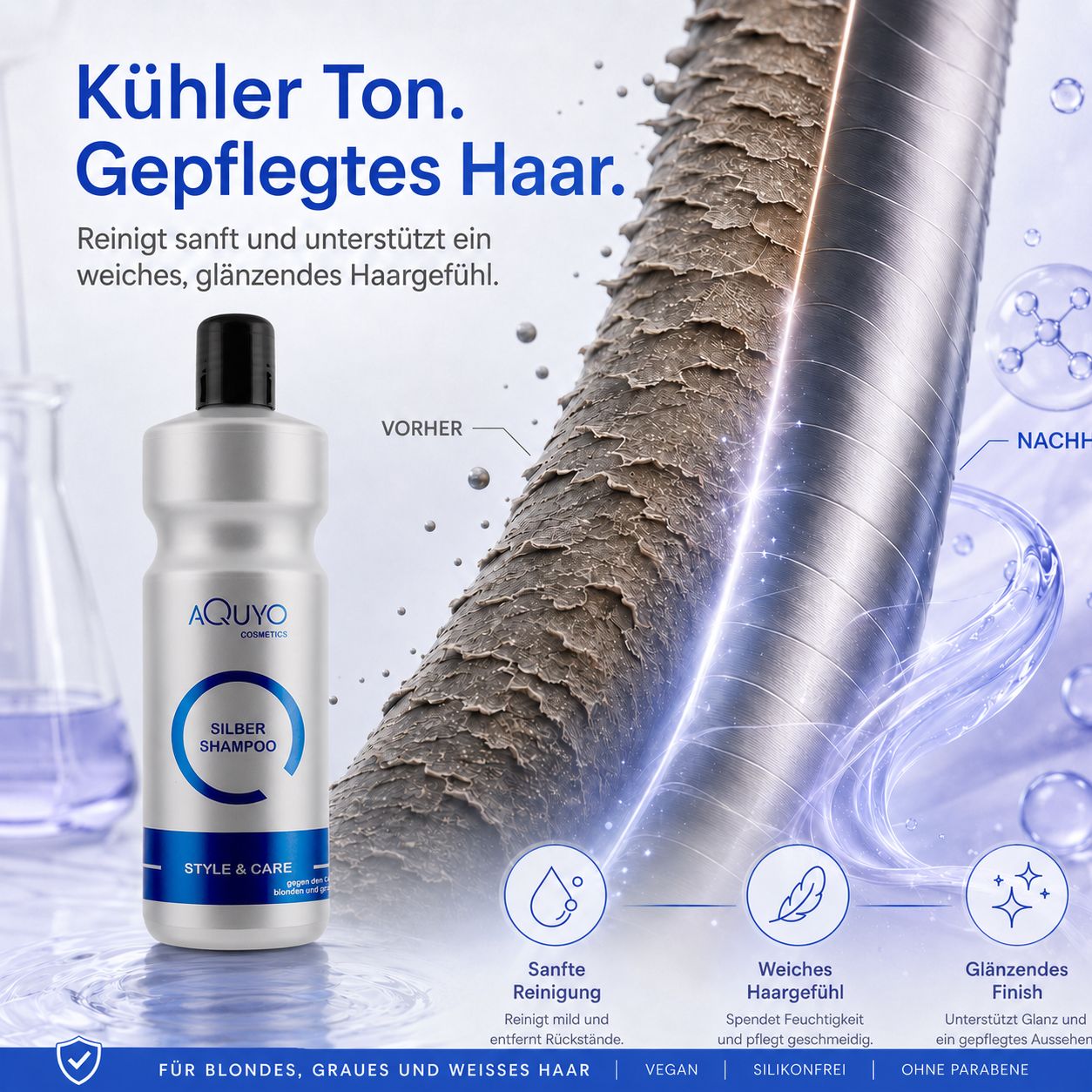 Silber Shampoo-Flasche und Haarschnitt-Illustration. Text: Kühler Ton. Gepflegtes Haar. Sanfte Reinigung, weiches Haargefühl, glänzendes Finish.