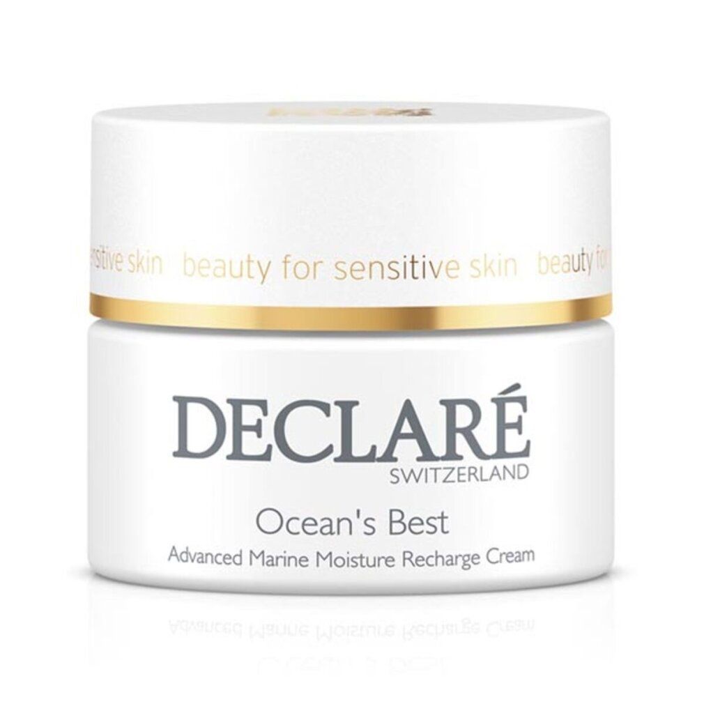 Weißer Tiegel mit goldfarbenem Deckel. DECLARÉ-Logo und Produktbezeichnung "Ocean's Best" in Grau. Text: "Advanced Marine Moisture Recharge Cream".
