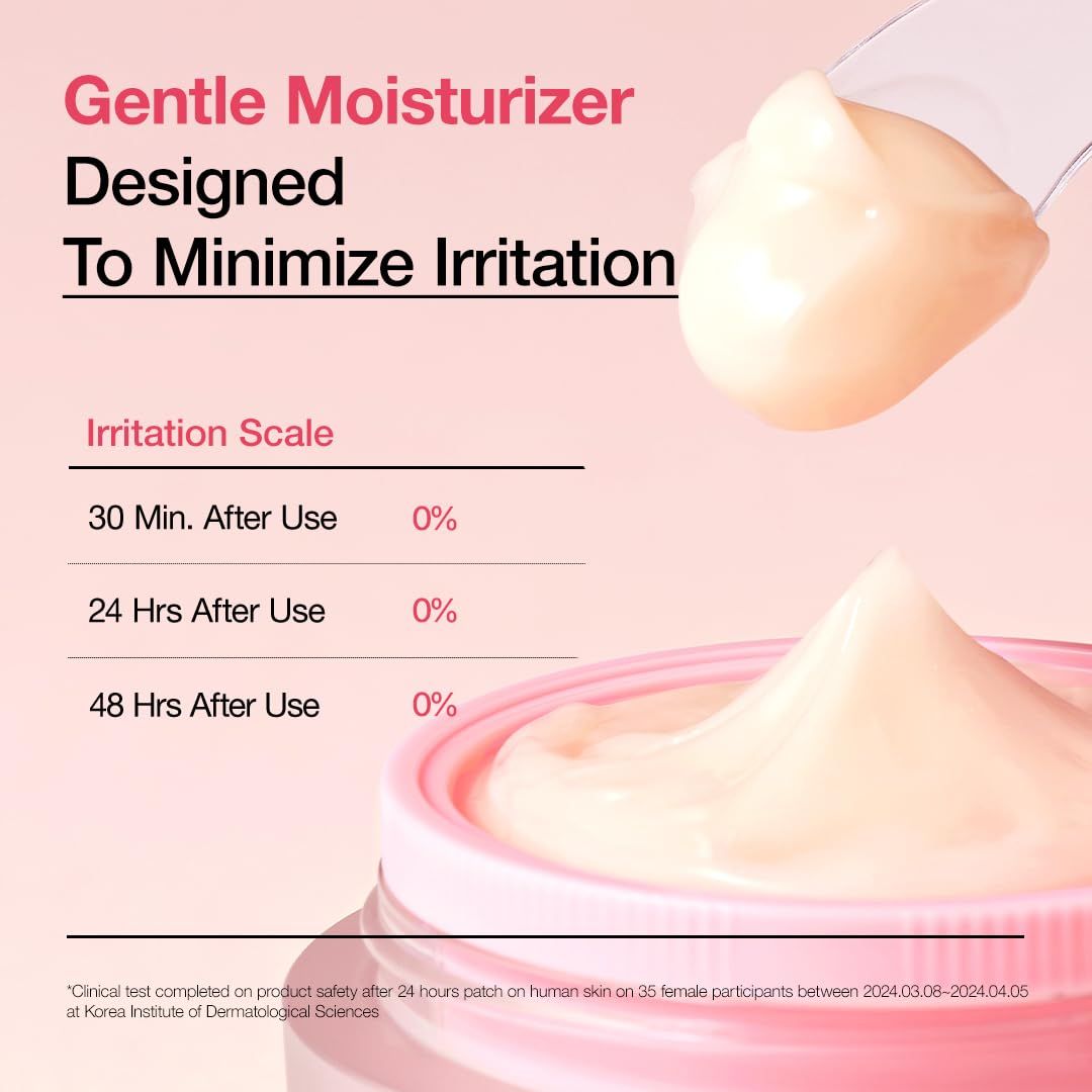 ANUA Peach 77+ Creme und Löffel. Text über Irritationsskala. Ergebnisse nach 30, 24 und 48 Stunden.