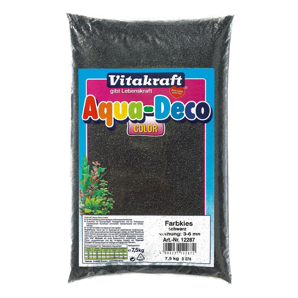 Schwarzer Farbkies in Plastikverpackung. Aufdruck: Aqua-Deco Color, Vitakraft, 7,5 kg. Körnung 3-6 mm.