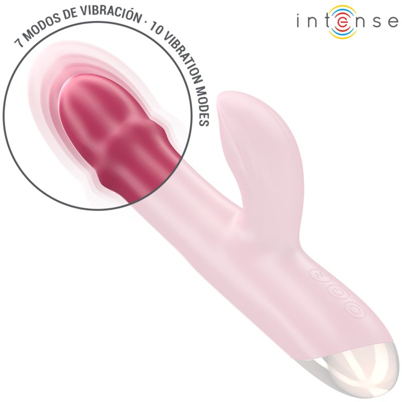 Rosa Vibrator mit hervorgehobener Textur. 10 Vibrationsmodi. Marke: Intense. Auf dem Produkt sind Knöpfe zu sehen.
