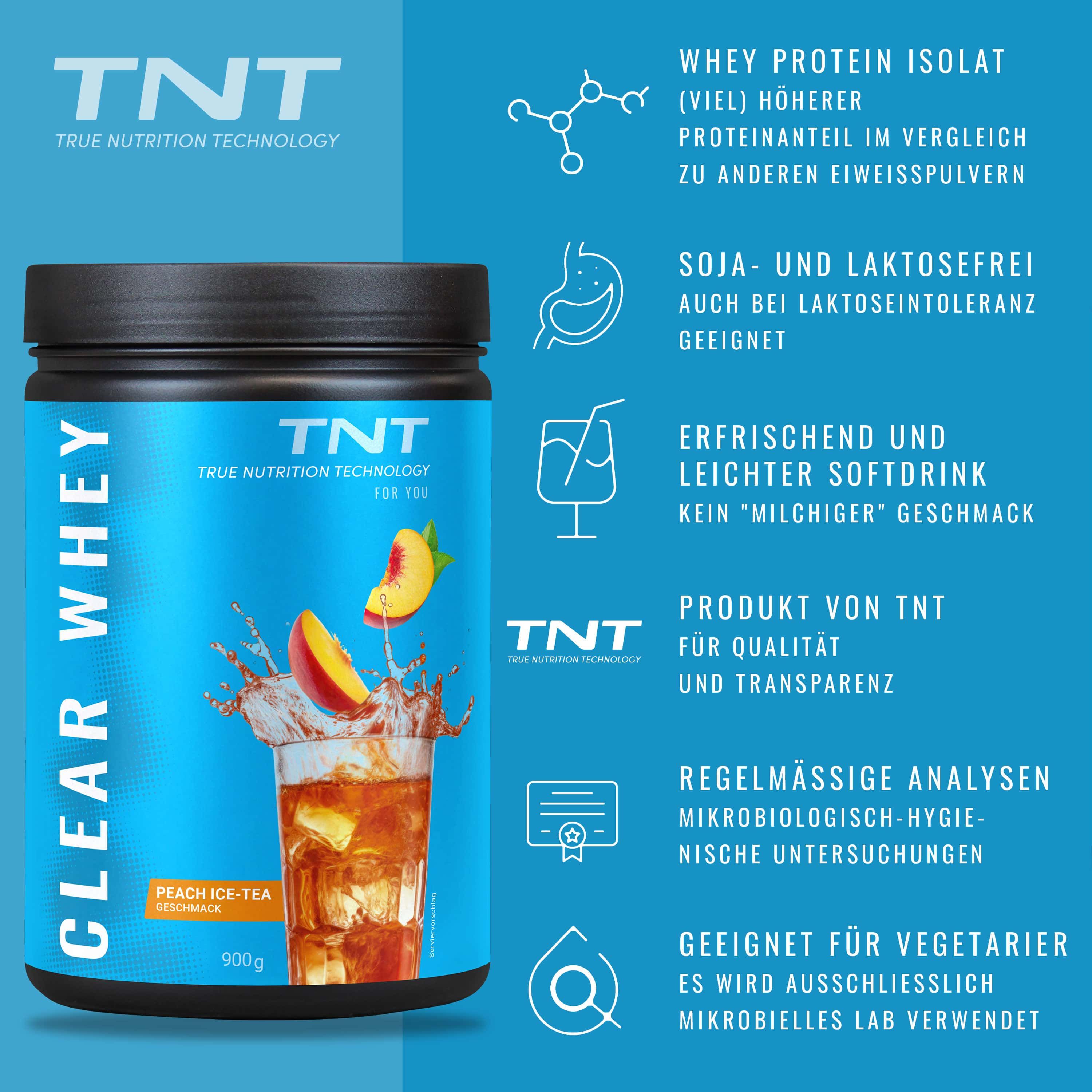 Blaue Dose TNT CLEAR WHEY, Pfirsich-Eistee-Geschmack. Text: Whey Protein Isolat, sojafrei, erfrischend, für Vegetarier. 900g.