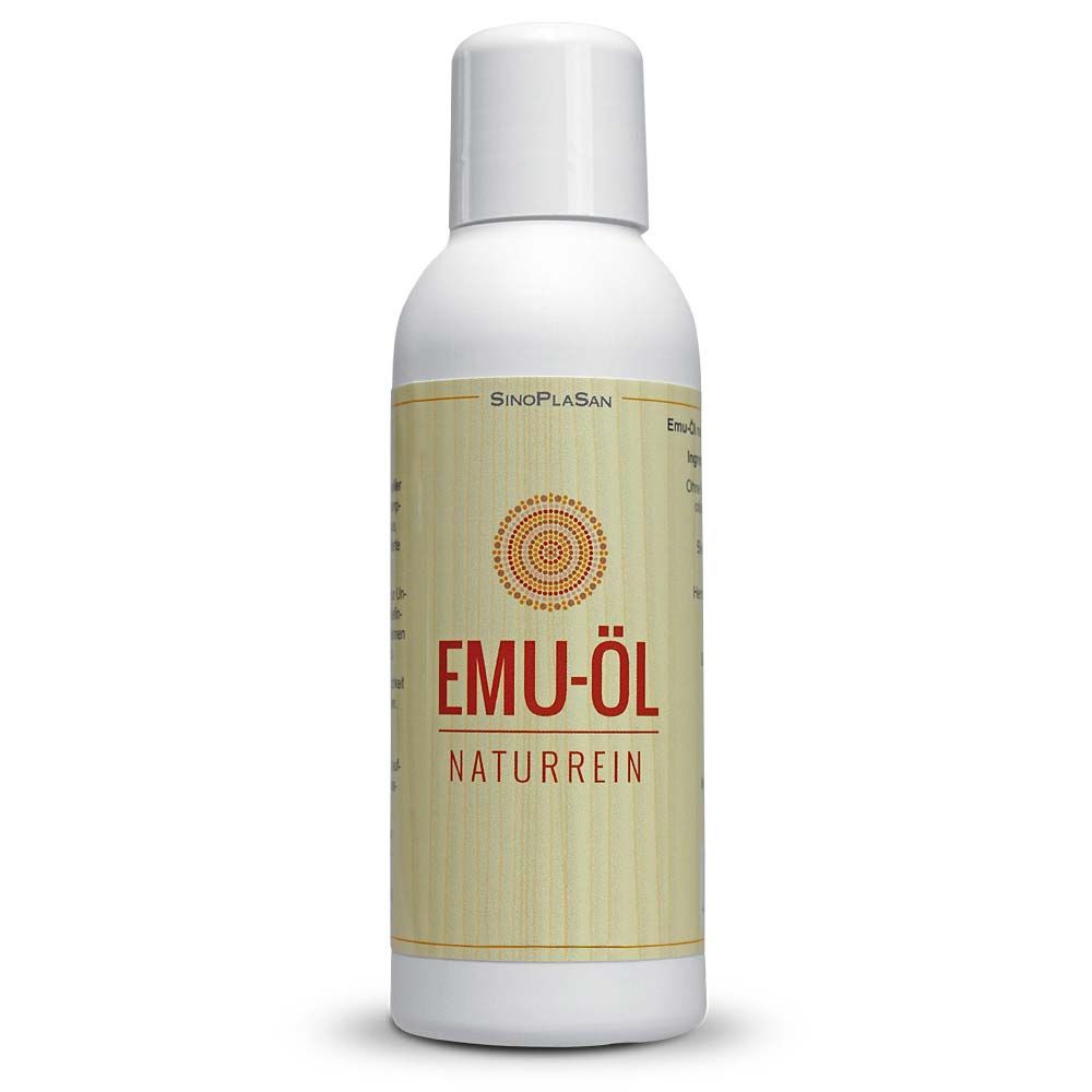 Weiße Flasche mit Schraubverschluss. Aufschrift: SinoPlaSan, Emu-Öl, naturrein. Etikett mit braunem Muster.