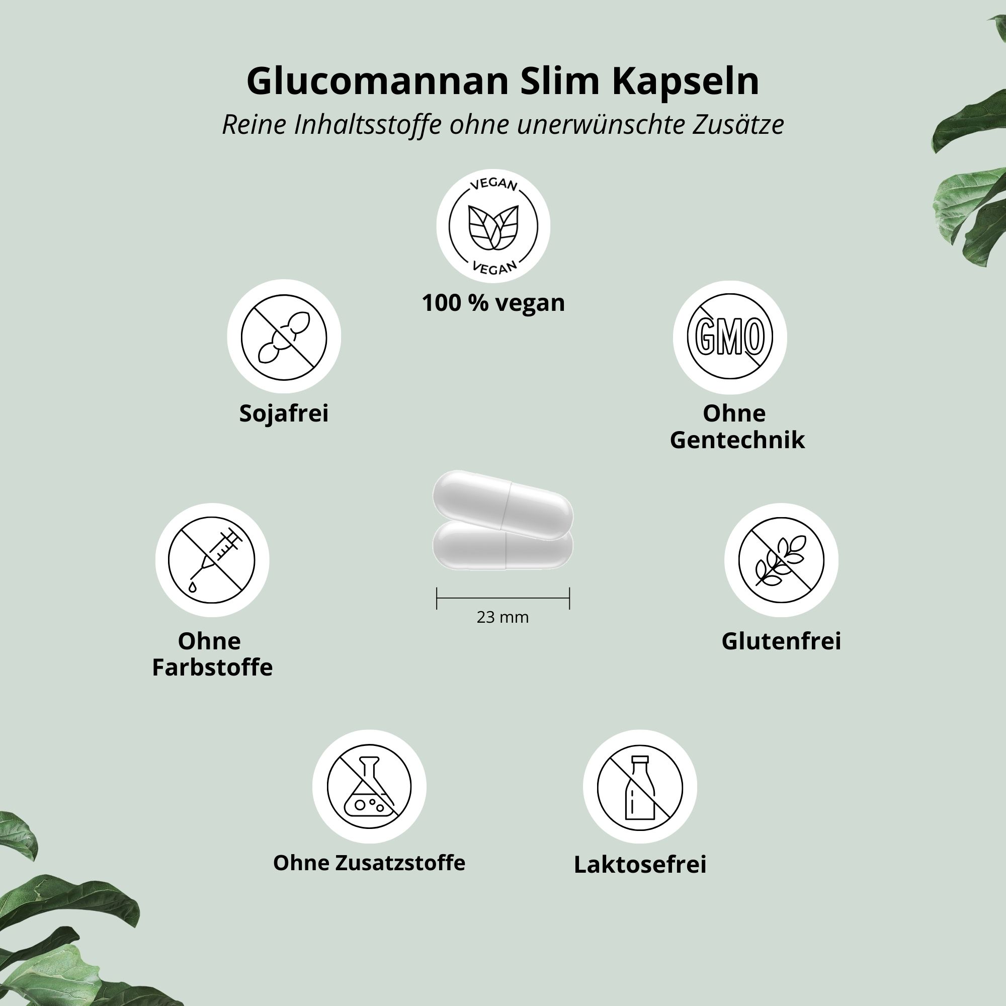 Zwei weiße Kapseln. Aufschrift: 100% vegan, ohne Gentechnik, ohne Farbstoffe, ohne Zusatzstoffe, glutenfrei, laktosefrei.