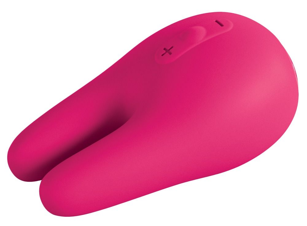Pinkfarbener Auflegevibrator. Zwei Vibrations-Öhrchen, Bedienfeld mit Plus- und Minus-Tasten.