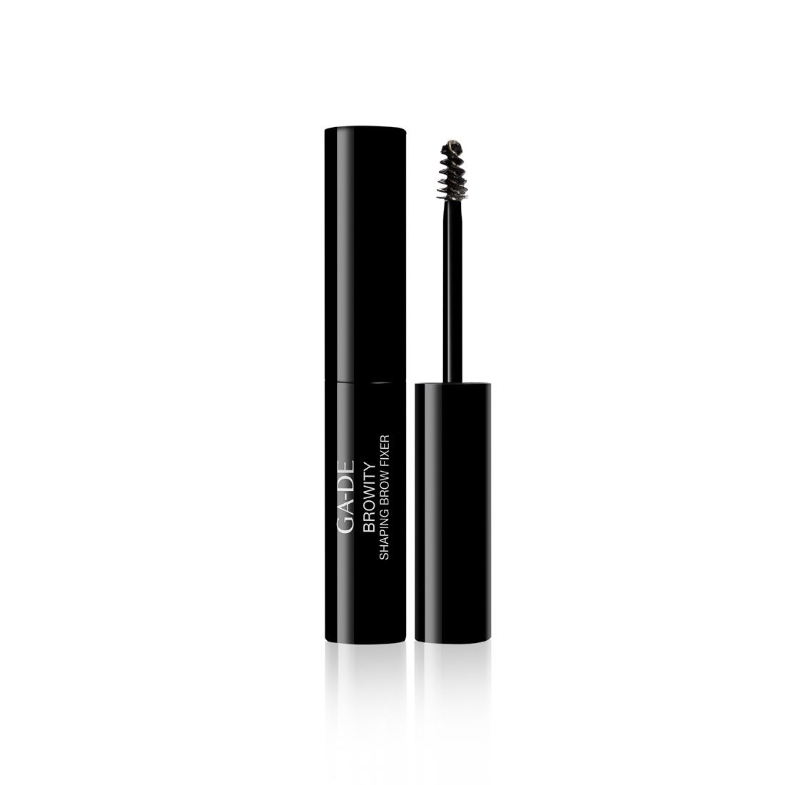 Schwarze Tube mit Schriftzug GA-DE BROWITY SHAPING BROW FIXER. Bürste mit spiralförmigen Borsten.