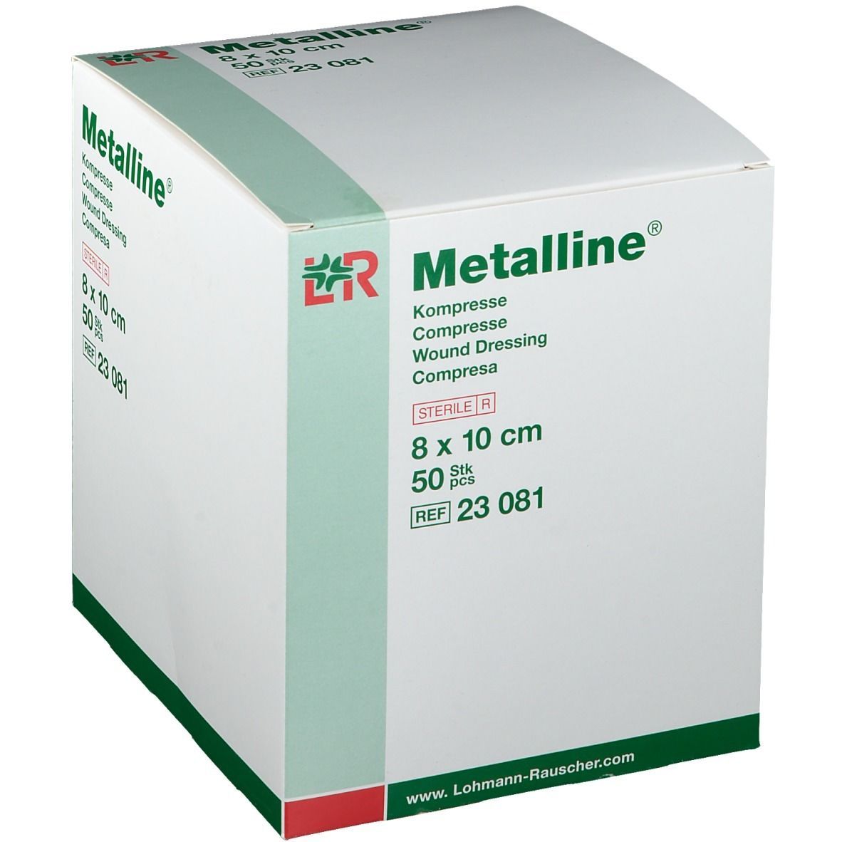 Metalline Kompresse, 8 x 10 cm, steril, 50 Stück. Verpackung mit Logo und Produktinformationen.