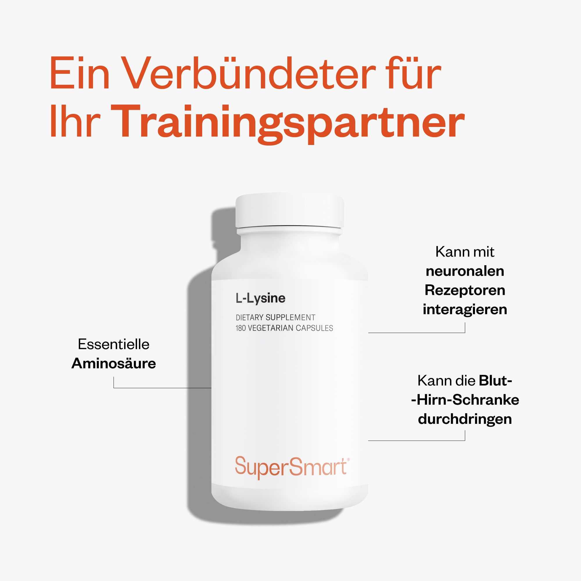 Weiße Flasche mit L-Lysin-Kapseln. 180 vegetarische Kapseln. SuperSmart-Logo. Beschriftung mit Inhaltsstoffen und Eigenschaften.