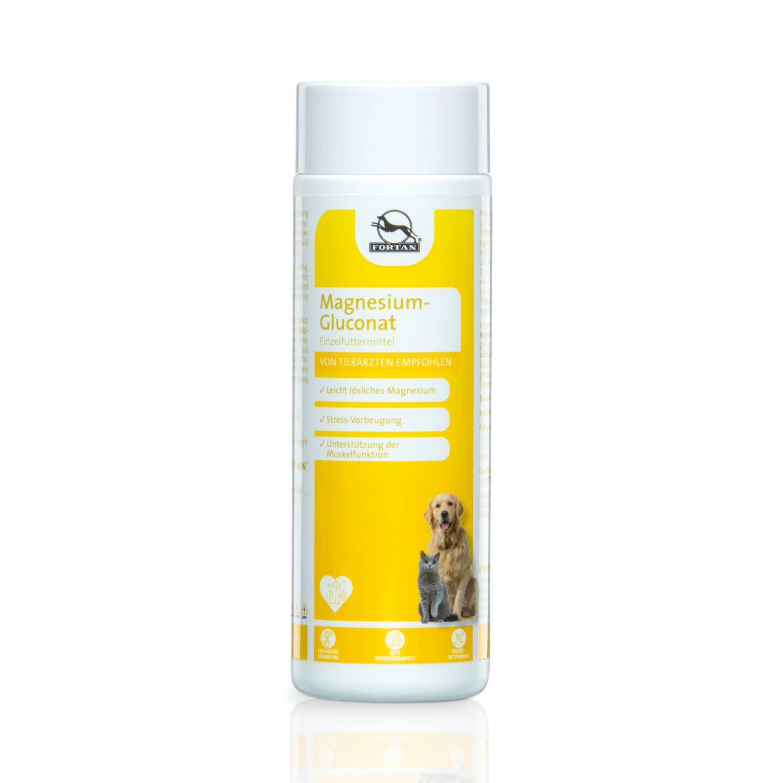 Weißes zylindrisches Behältnis mit gelbem Etikett. Aufschrift: Magnesium-Gluconat. Logo und Abbildung von Hund und Katze.