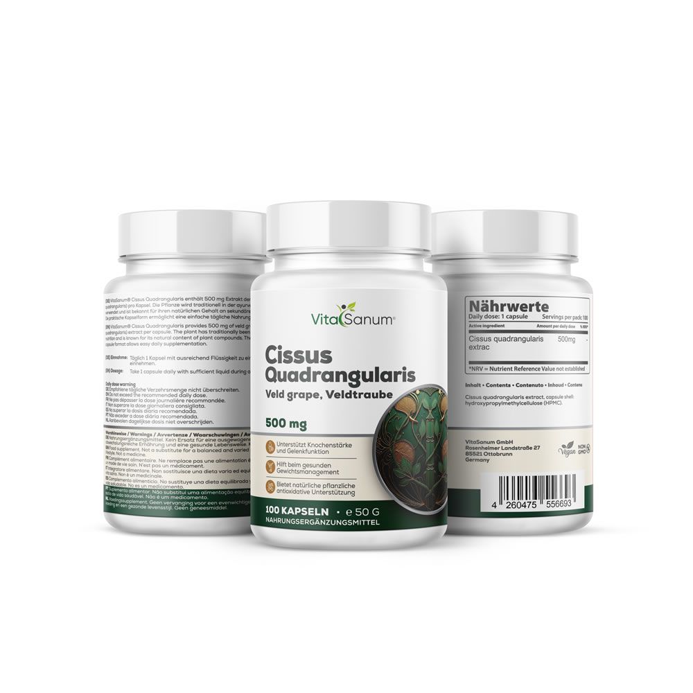 Drei Flaschen VitaSanum Cissus Quadrangularis Kapseln, 500 mg.