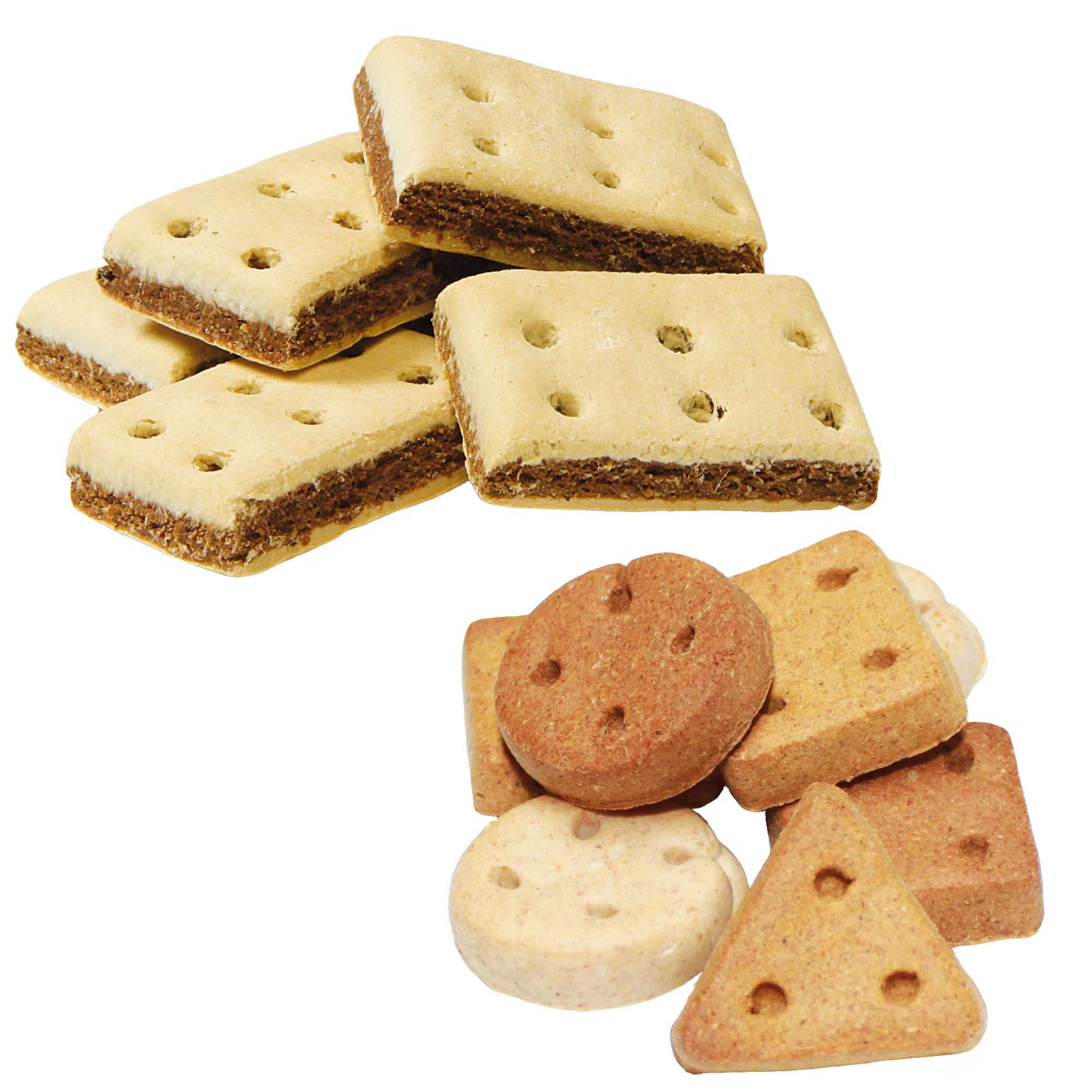 Hundefutter-Set. Mehrere Kekse, verschiedene Formen: rechteckig, rund, dreieckig. Helle und dunkle Farben.